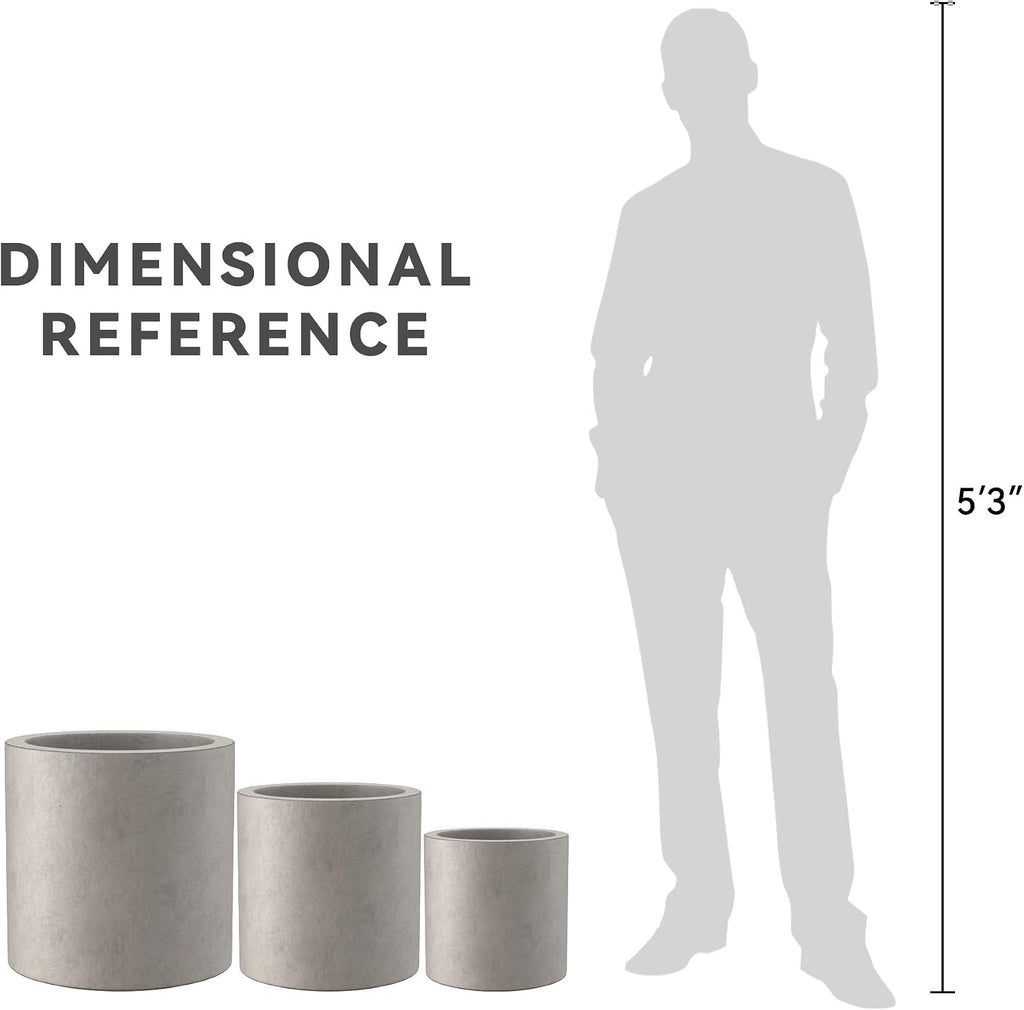Kante Set of 3 Concrete Planters, Graduated Cylinders 9.8' to 15.7' H 9.8',12.6',15.7' Dia Lightweight Round Pots with Drainage Hole Rubber Plug, Weathered Concrete for Indoor Outdoor, Home Garden
