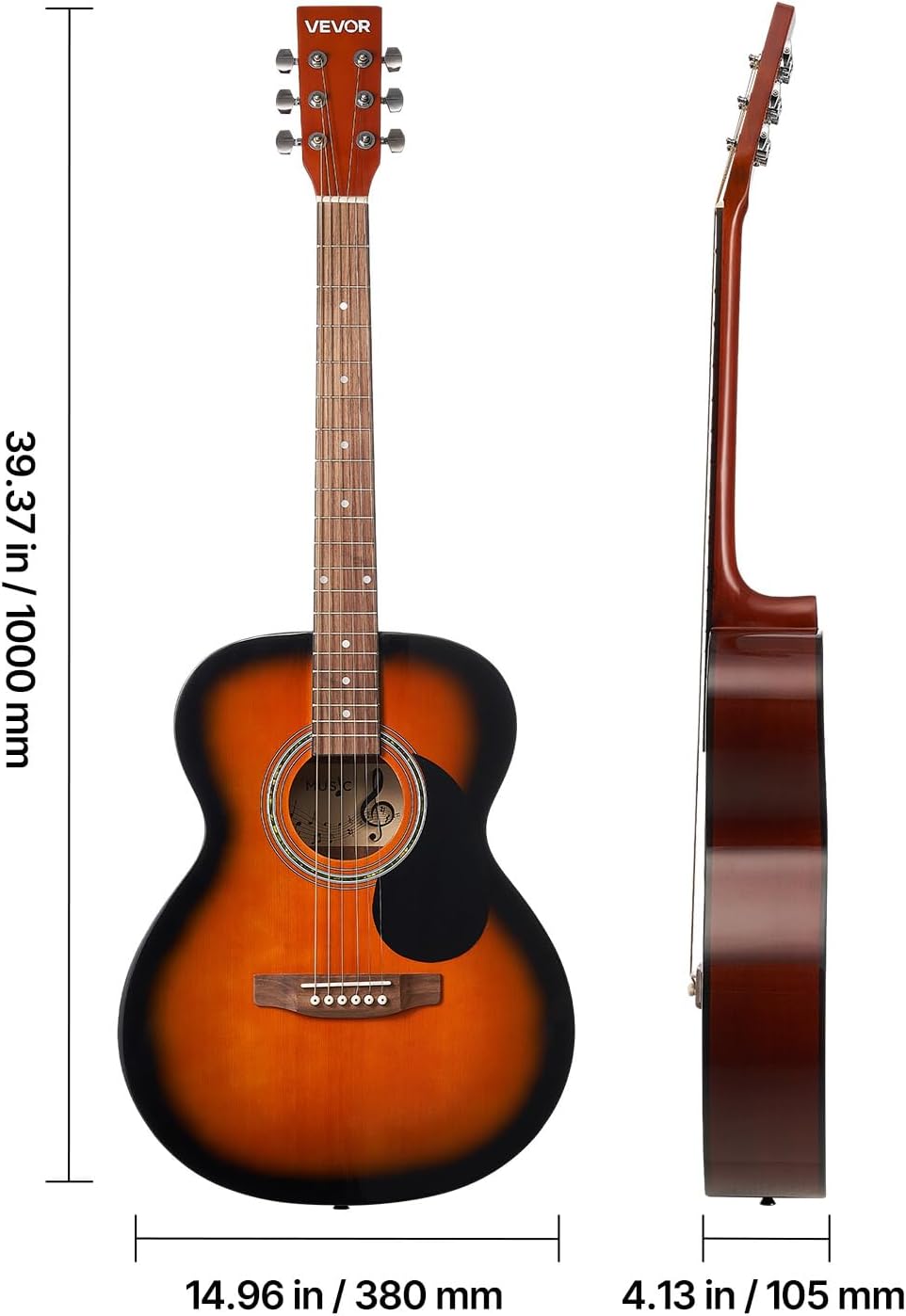 VEVOR Dreadnought Acoustic Guitar, 40 in, 6-String Sunburst Solid Top Guitar, Beginner Bundle with Gig Bag, Tuner, Strap, Steel Strings, Picks, Capo, Rosewood Fingerboard, for Adults, Skilled Players