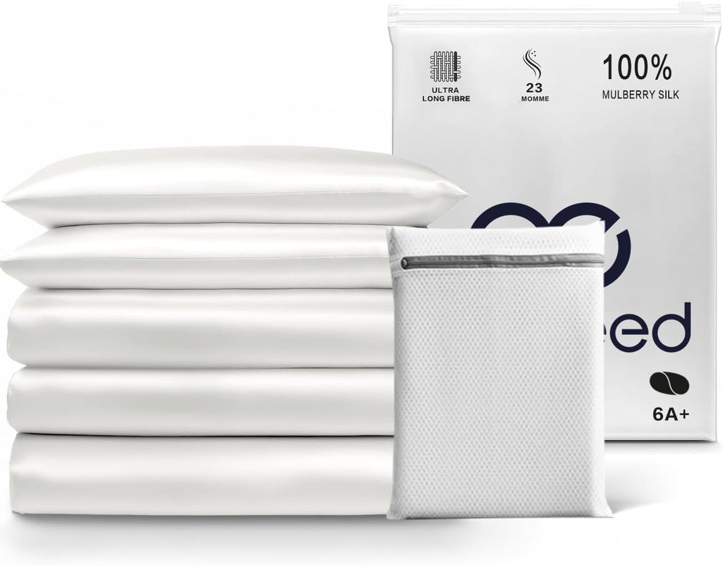 PROMEED 100% Mulberry Silk Duvet Cover Queen Size, Real Grade 6A+ 23 Momme Silk Quilt/Comforter Cover with Zipper and Coner Tie (White, Queen)