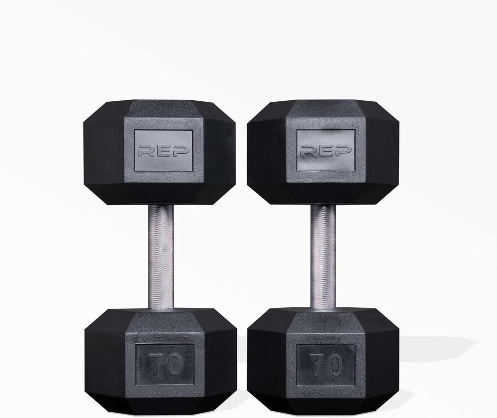 Rep Fitness 55lb-75 lb Dumbbell Set- Rubber Hex, Low Odor, Fully Knurled- Made for Heavy Lifting