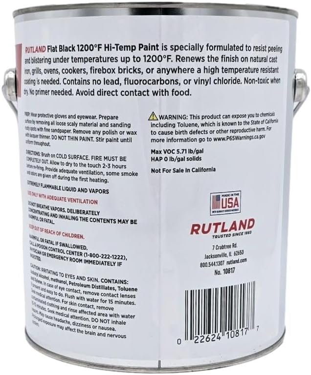 Rutland High Temperature Fireplace Paint for Wood Stoves, Fire Brick, Metal and Automotive Appliances, Flat Black, 128 Fl Oz, 1 Gallon