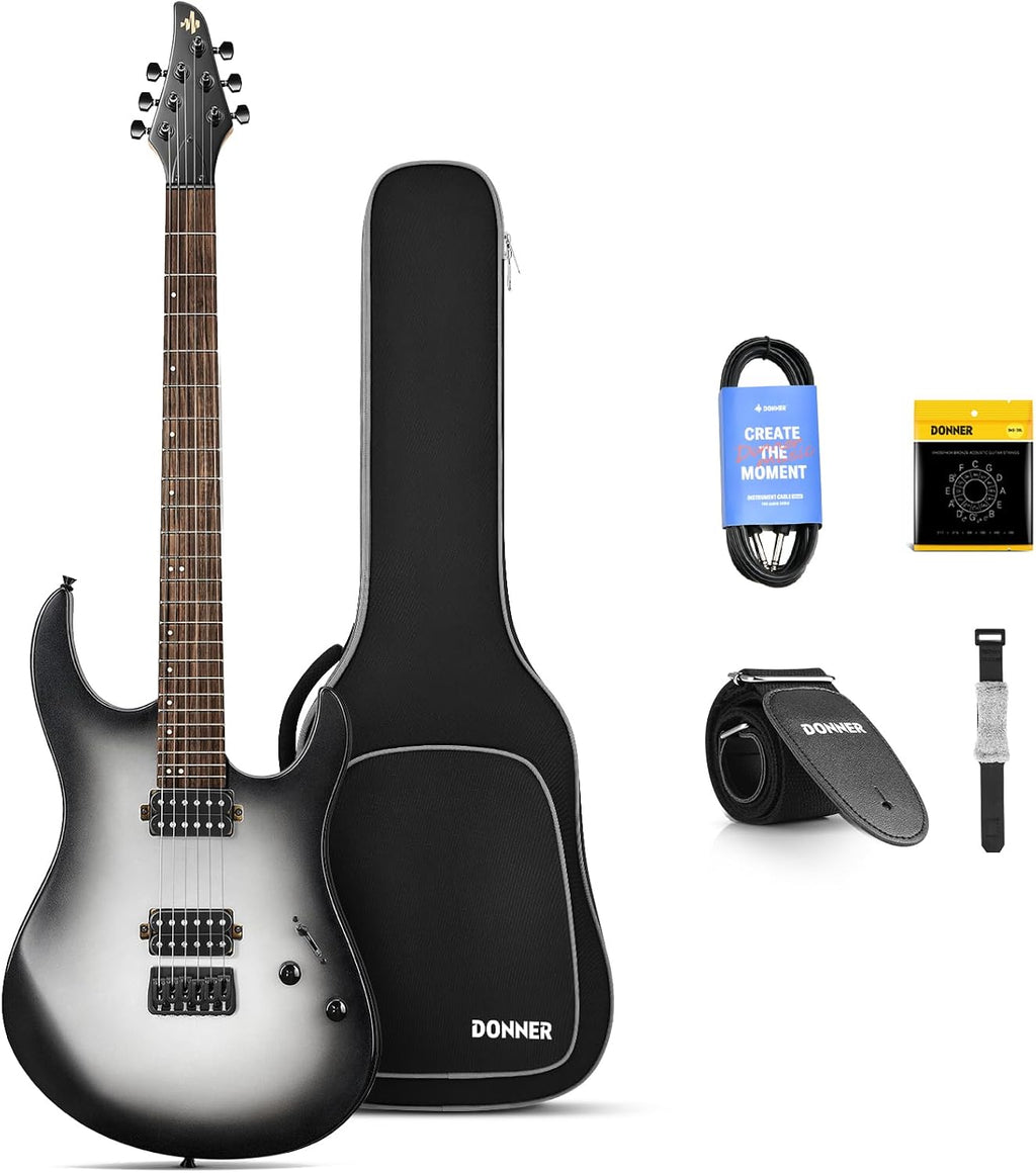 Donner Solid Body Electric Guitar, 39 Inch Metal Electric Guitar Beginner Kits with Bag, Strings, Strap, Cable, Strings Dampener for Rock Music Lover, DMT-100 (Gradient Black)