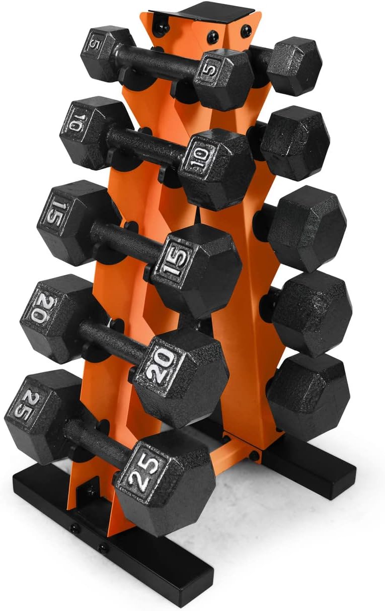 WF Athletic Supply 5-25 Lb Cast Iron Dumbbells Set with A Frame Storage Rack, Solid Gray/Black Hexagon Free Weights for Weight Lifting & Strength Training, Storage Rack Color Options Available