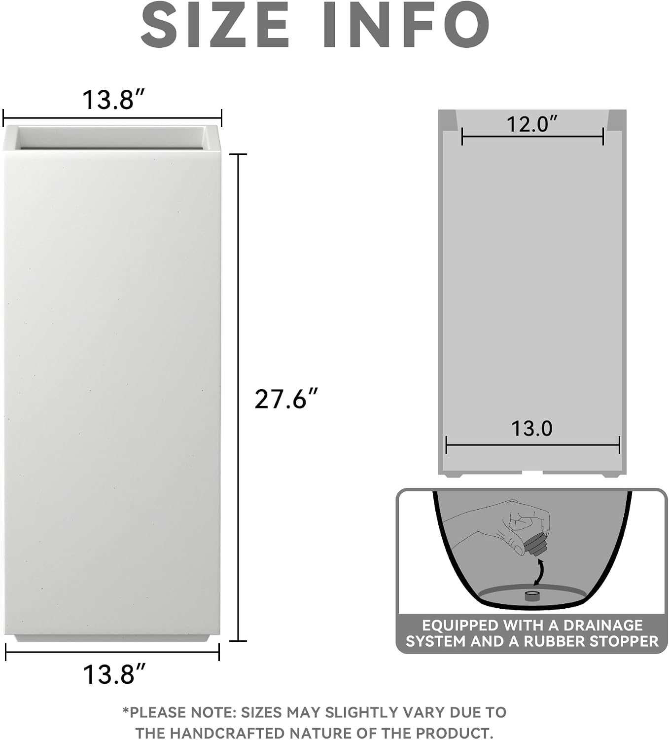 Kante 27.6' H Tall Rectangular Concrete Planter, Modern Square Diameter Plant Pot with Drainage Hole and Rubber Plug for Indoor Outdoor Home Patio Garden, Pure White