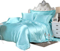 100% Pure Silk Satin Sheet Set 7pcs, Silk Fitted Sheet 15'' Deep Pocket,Silk Flat Sheet,Silk Duvet Cover & Pillowcases Set !!! Aqua Blue, Cal-King