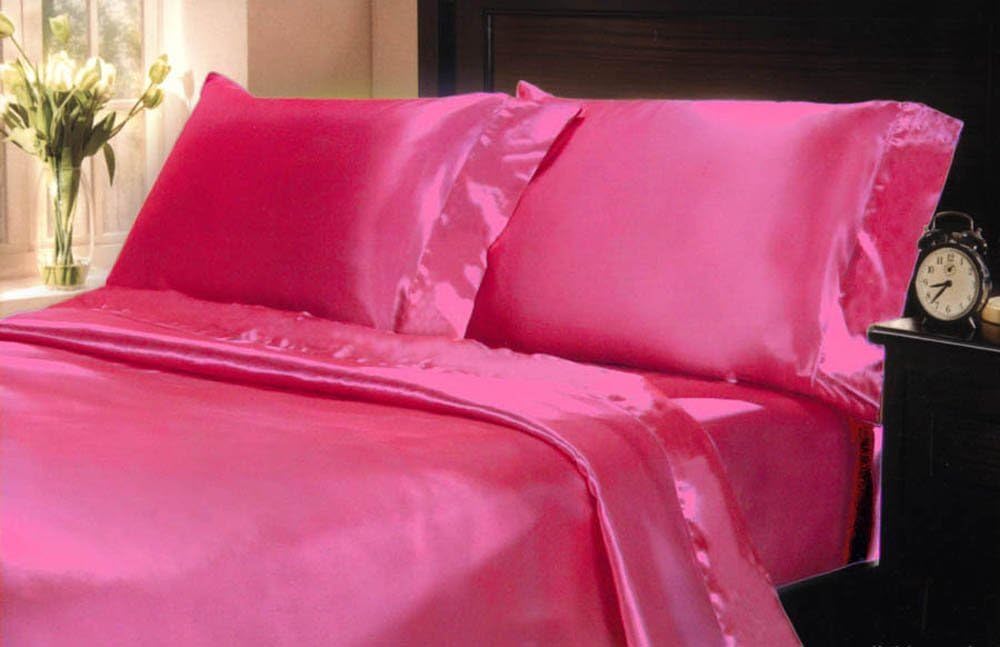 4 Pieces Sheet Set, 100% Mulberry Silk Bed Sheets Fits 10-12' Deep Pocket, 22 Momme Twin Size 6A Luxury Silk Bedding Set with Flat Sheet, Fitted Sheet & 2 Pillowcases (Solid, Hot Pink)