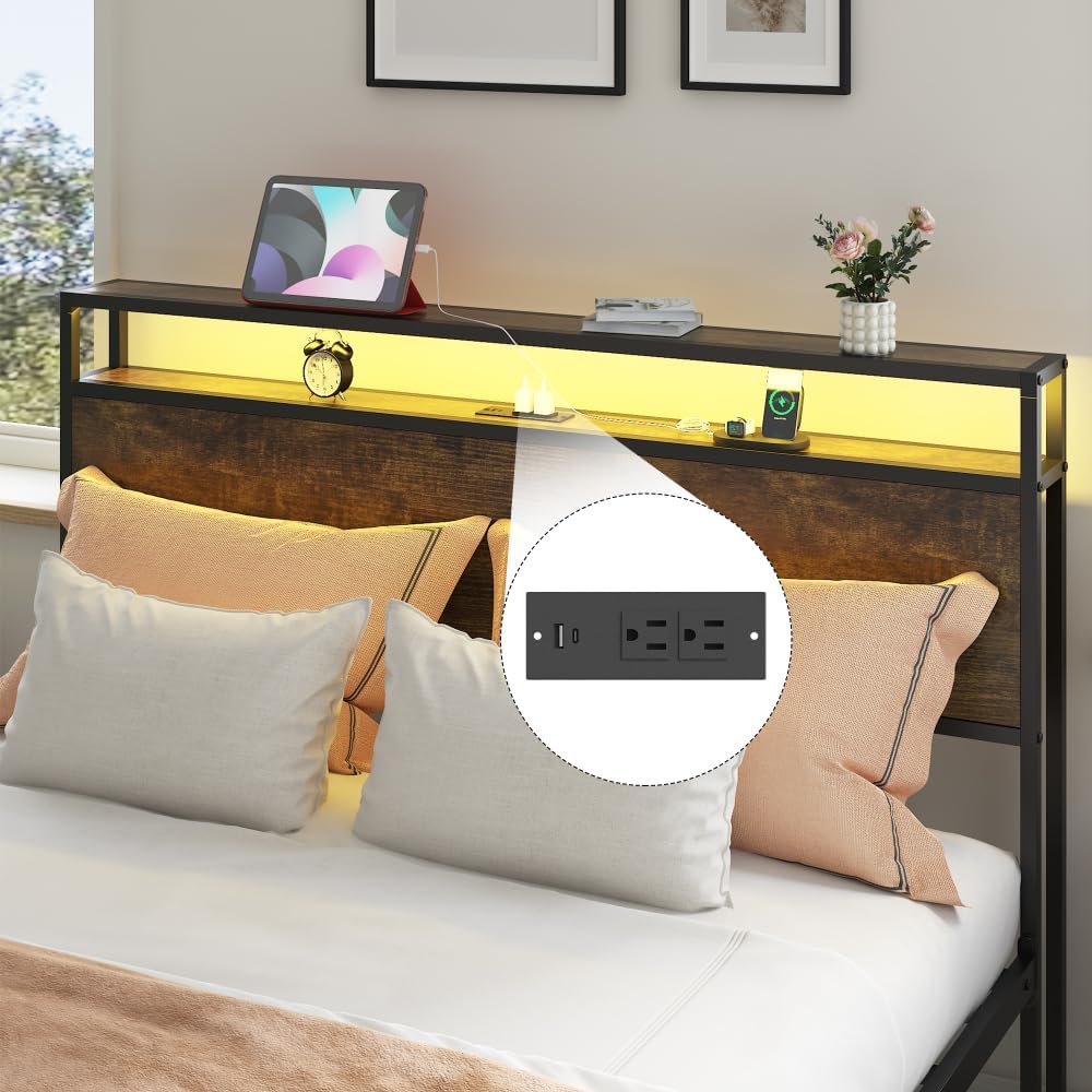 Queen Bed Frame with LED Lights and Charging Station - Robust Metal Wood Construction, Rustic Wood Platform Bed Frame with 2 Drawers, No Box Spring Needed, Noise Free, Vintage Brown, Easy Assemble
