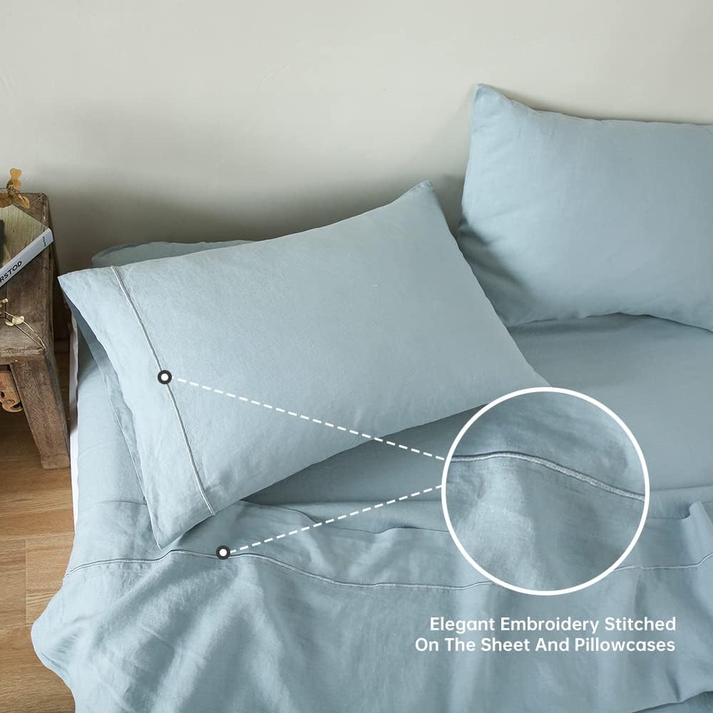 Simple&Opulence 100% Linen Sheet Set with Embroidery Washed - 4 Pieces (1 Flat Sheet & 1 Fitted Sheet & 2 Pillowcases) Natural Flax Soft Bedding Breathable Farmhouse - Dusty Blue, Full Size
