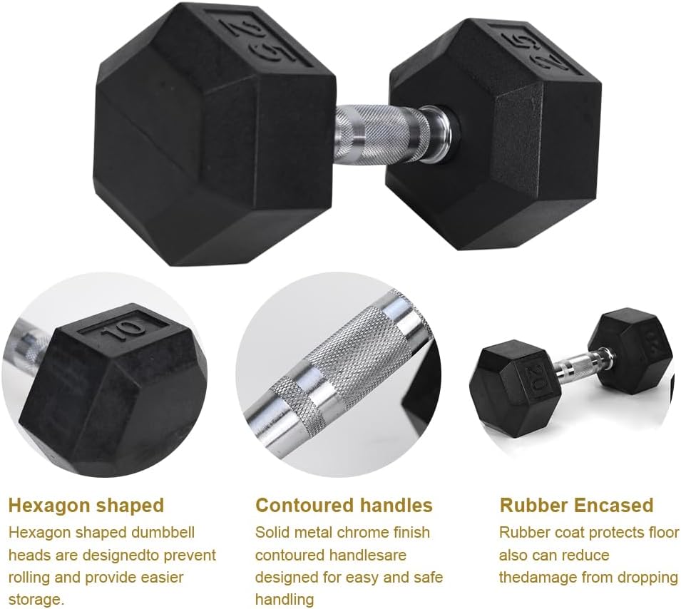 20LB (2piece) HDRS Rubber Coated Solid Cast Iron Dumbbell with Contoured Chrome Handle, Hexagon Head