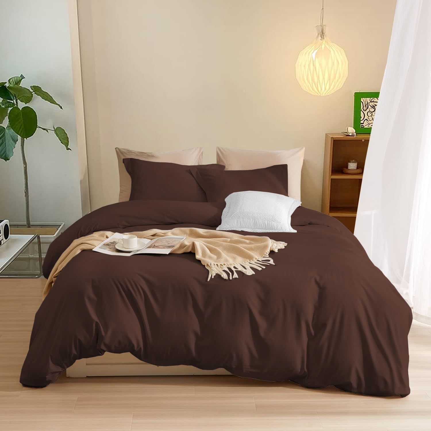 800TC 3 Sided Zipper Duvet Cover Set Soft Egyptian Cotton 3 Sided Zipper Closure, 3 PCS 1-Duvet Cover & 2- Pillow Shams - King-XL Size (98' x 116') Inches, (Solid Chocolate)