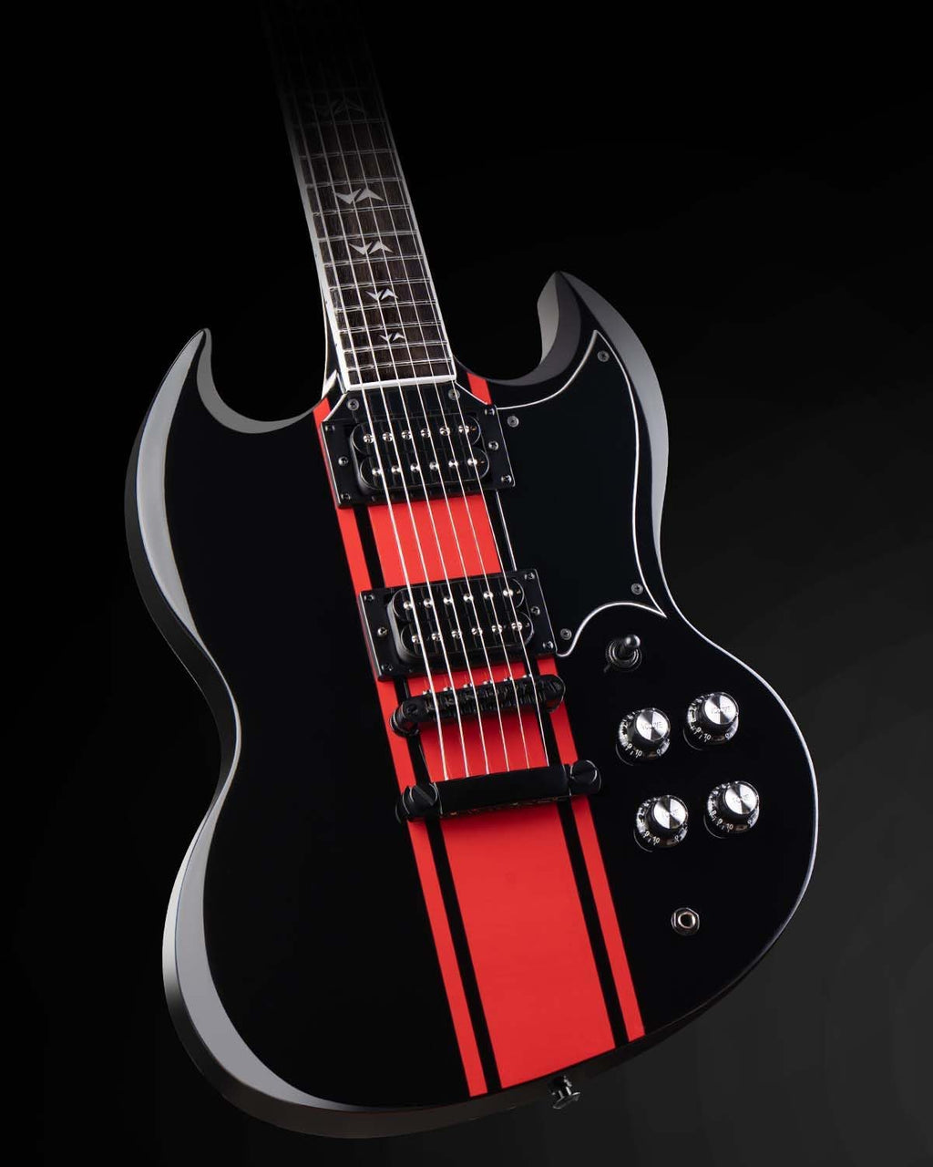 WestCreek RACER Solid Body Electric Guitar, SG guitar, Rounded End Frets, Bone nut, Rosewood Fingerboard, Mahogany Body (Black-Red Stripe)