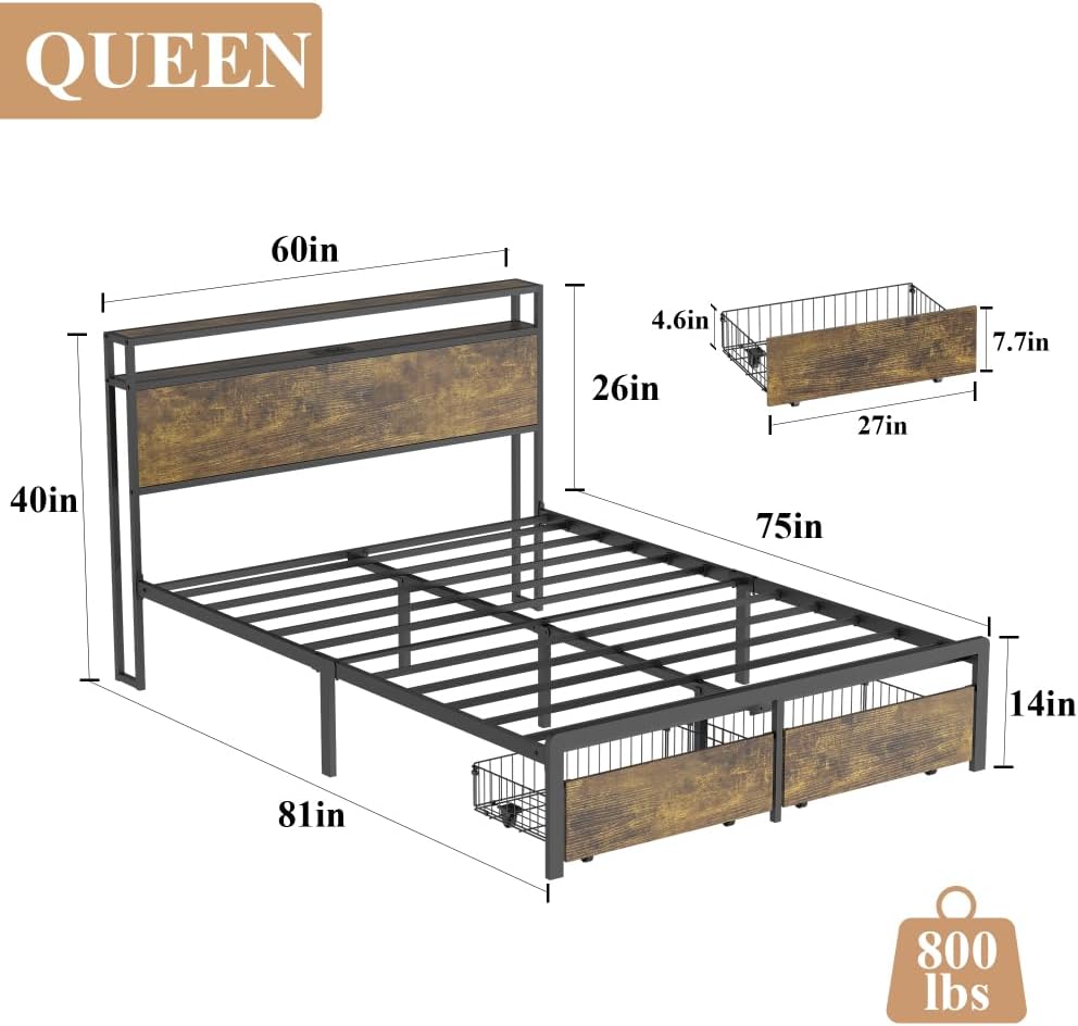 Queen Bed Frame with LED Lights and Charging Station - Robust Metal Wood Construction, Rustic Wood Platform Bed Frame with 2 Drawers, No Box Spring Needed, Noise Free, Vintage Brown, Easy Assemble