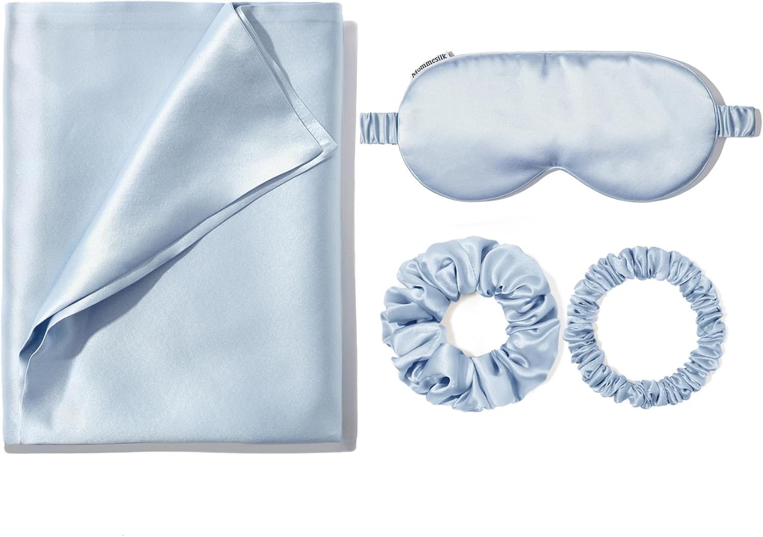 Mommesilk 100% Pure Silk Pillowcase Travel Set 1 Silk Pillowcase 1 Silk Eeye Mask 2 Silk Scrcunchies Beauty Set Hair Facial Care Silver Blue King