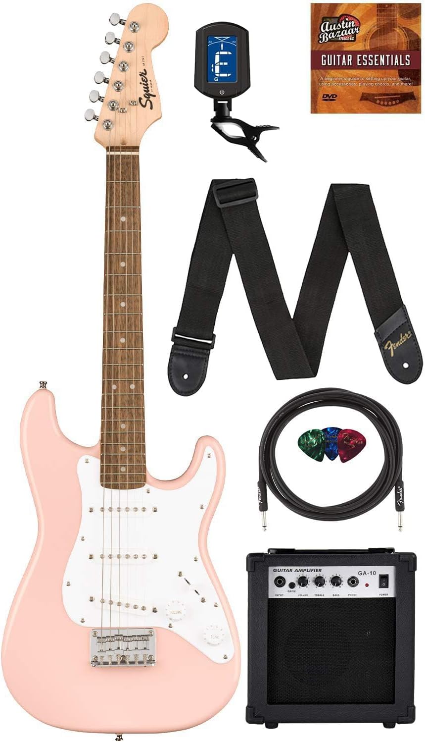 Fender Squier 3/4-Size Kids Mini Strat Electric Guitar - Shell Pink Bundle with Amplifier, Cable, Tuner, Strap, Picks, and Austin Bazaar Instructional DVD