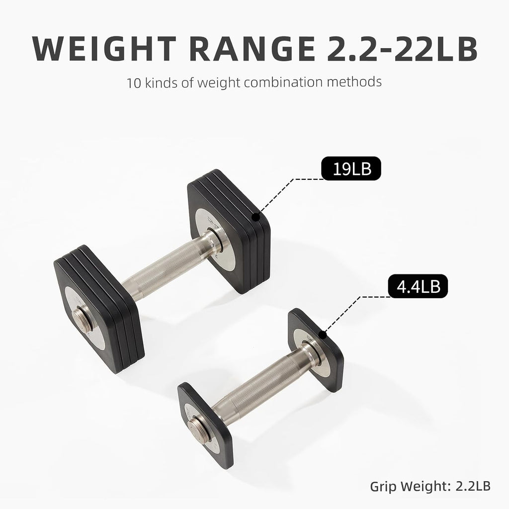 DHT Adjustable Dumbbells, Dumbbell Sets with Rack, Free Weights Dumbbells Set, All-Purpose Fitness, Anti-Rolling, Weights Set for Gym, Home, Office, 2.2-22 lbs, 1 Set