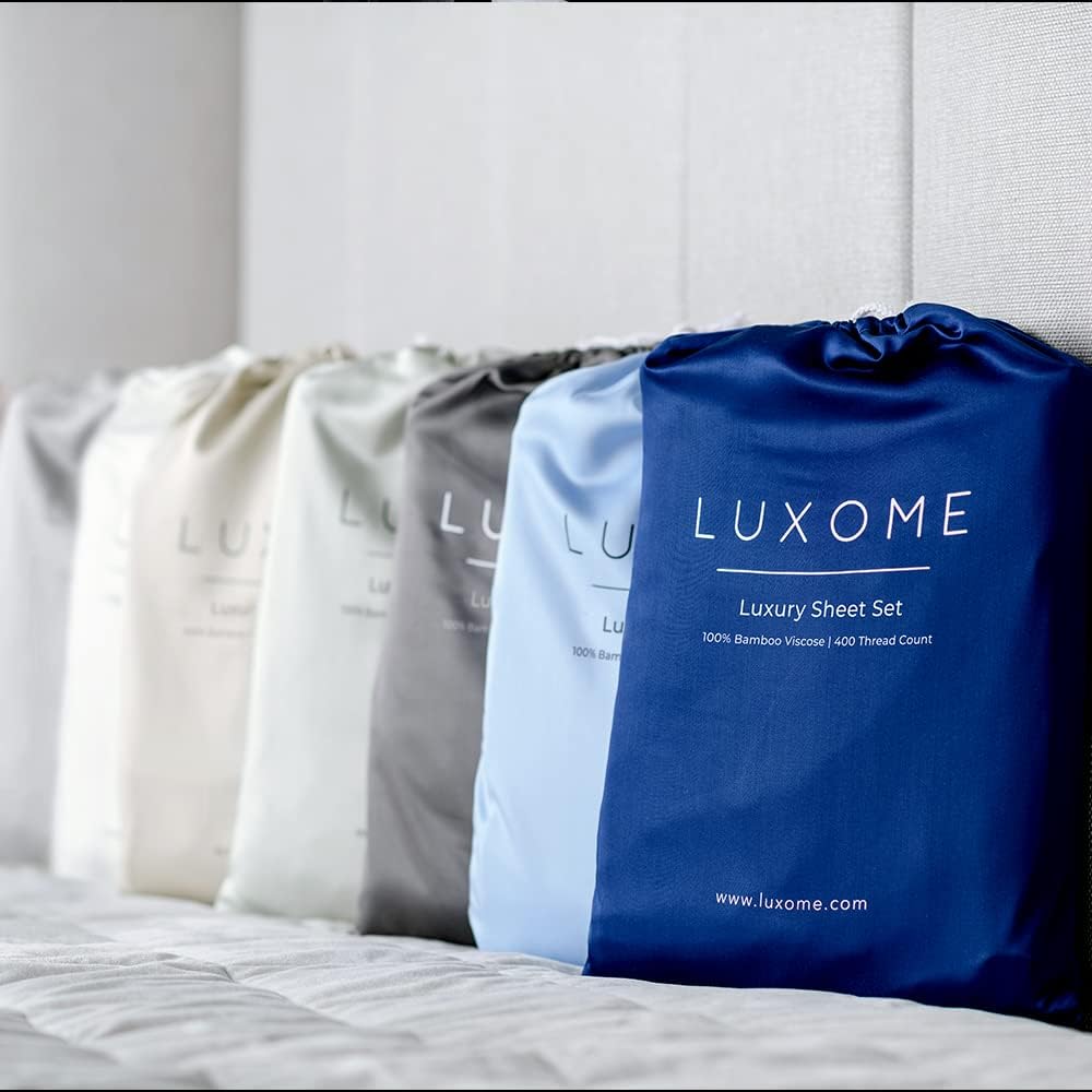 LUXOME Luxury Sheet Set | 100% Rayon (Viscose) from Bamboo | Split King - White | Deep Pockets | 5-Piece Set (2 Fitted, Flat, 2 Pillowcases)