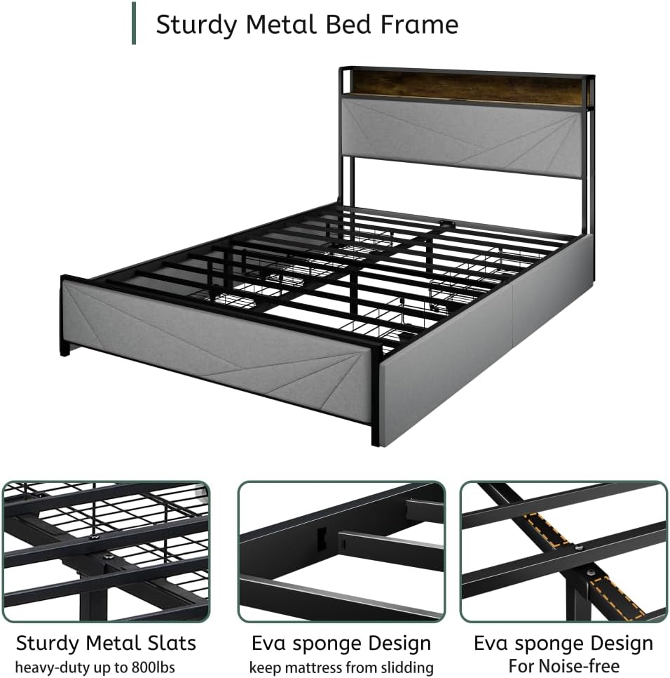 Full Size Bed Frame with 4 Storage Drawers and 2 USB Ports, Upholstered Platform Bed Frame with Storage Headboard Charging Station and Metal Slat Support, No Box Spring Needed, Dark Grey.