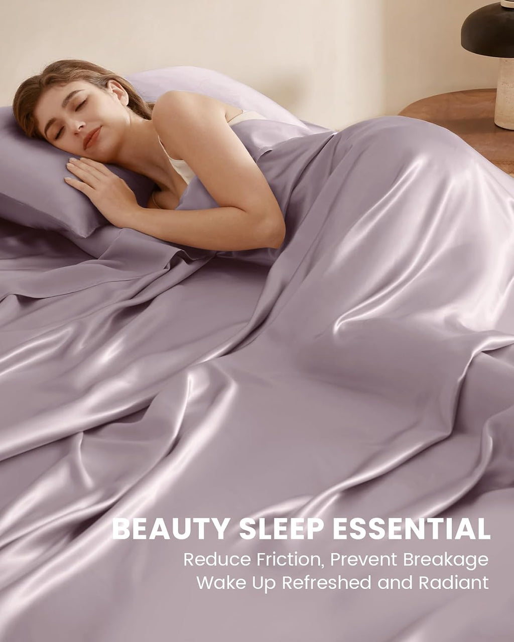 THXSILK Silk Sheet Set 4 Pcs, Queen Size Sheet Set, Soft Breathable Cooling Bed Sheets with 1 Flat Sheet, 1 Fitted Sheet, 2 Pillowcases with Zipper Closure, Light Purple