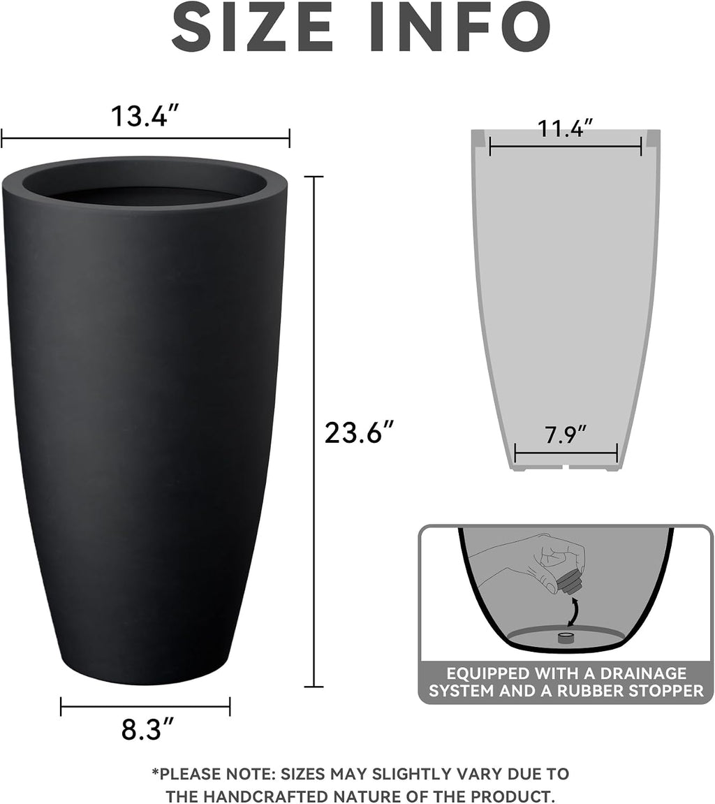 Kante 23.6' H Black Tall Planters (Set of 2), Large Outdoor Indoor Decorative Plant Pots with Drainage Hole and Rubber Plug, Modern Style for Home and Garden