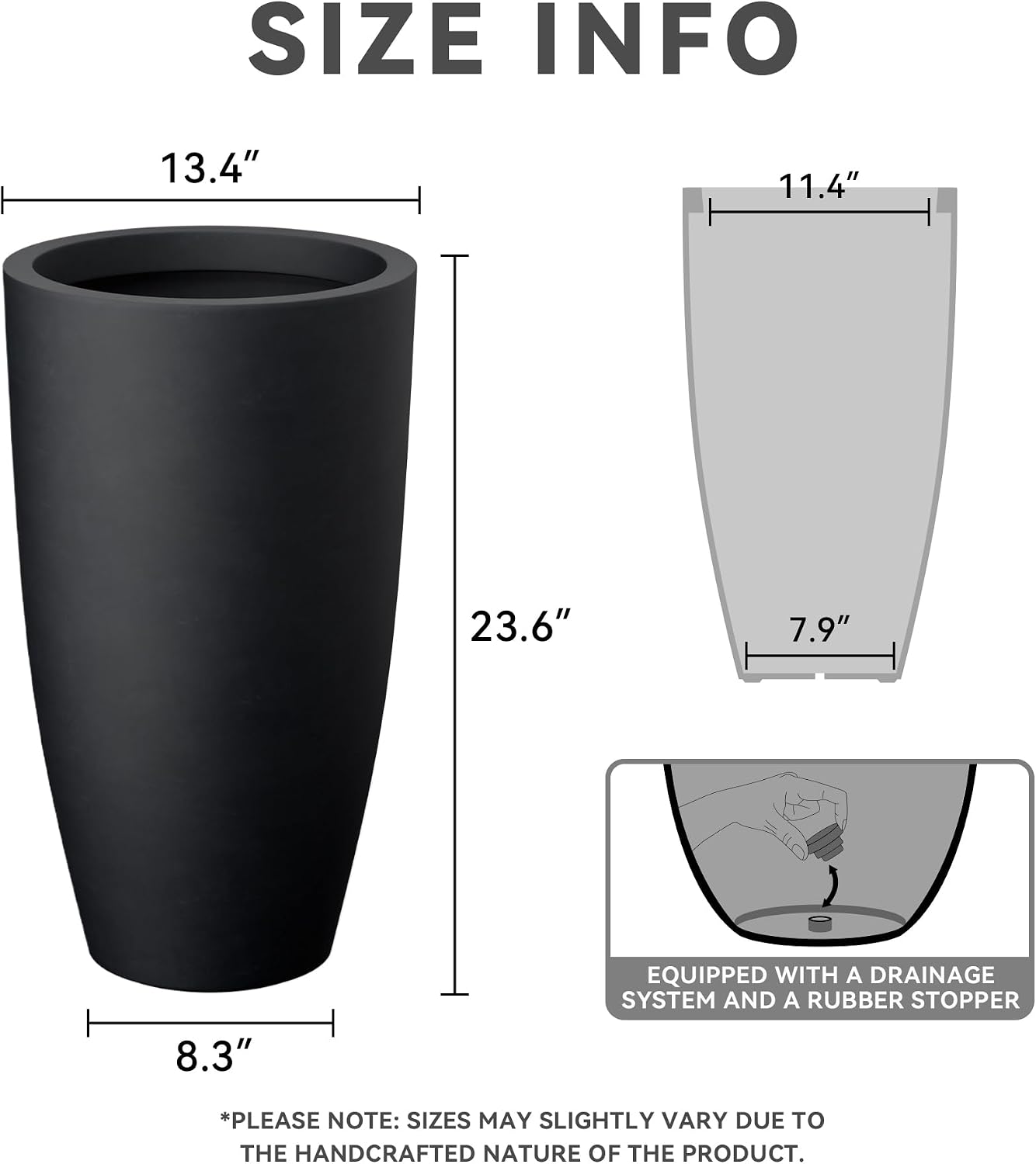 Kante 23.6' H Black Tall Planters (Set of 2), Large Outdoor Indoor Decorative Plant Pots with Drainage Hole and Rubber Plug, Modern Style for Home and Garden