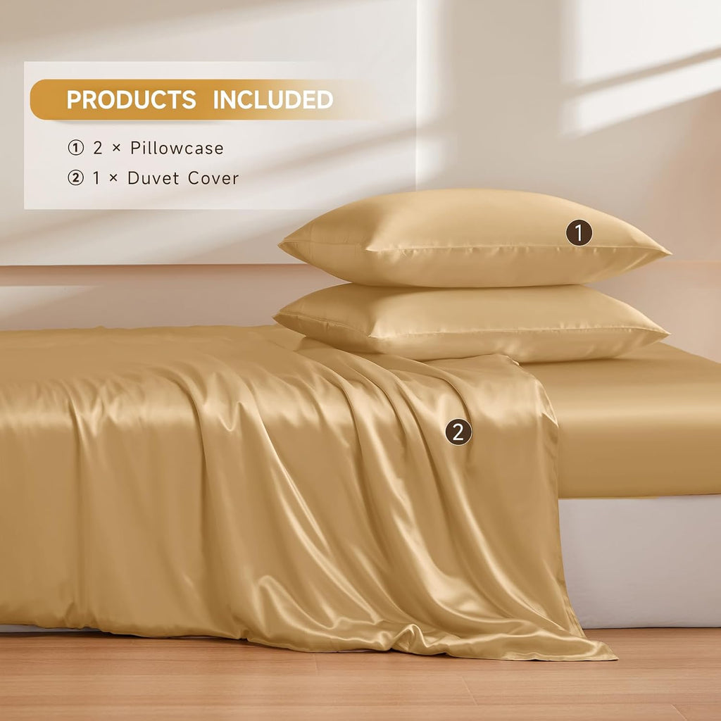 THXSILK 100% Pure Mulberry Silk Duvet Cover Set 3 Piece, 6A+ Grade Luxury Soft Bedding Silk Sheets for Hair and Skin, 1 Pcs Quilt/Comforter Cover with 2 Zippered Pillowcases (Metallic Gold, Twin)
