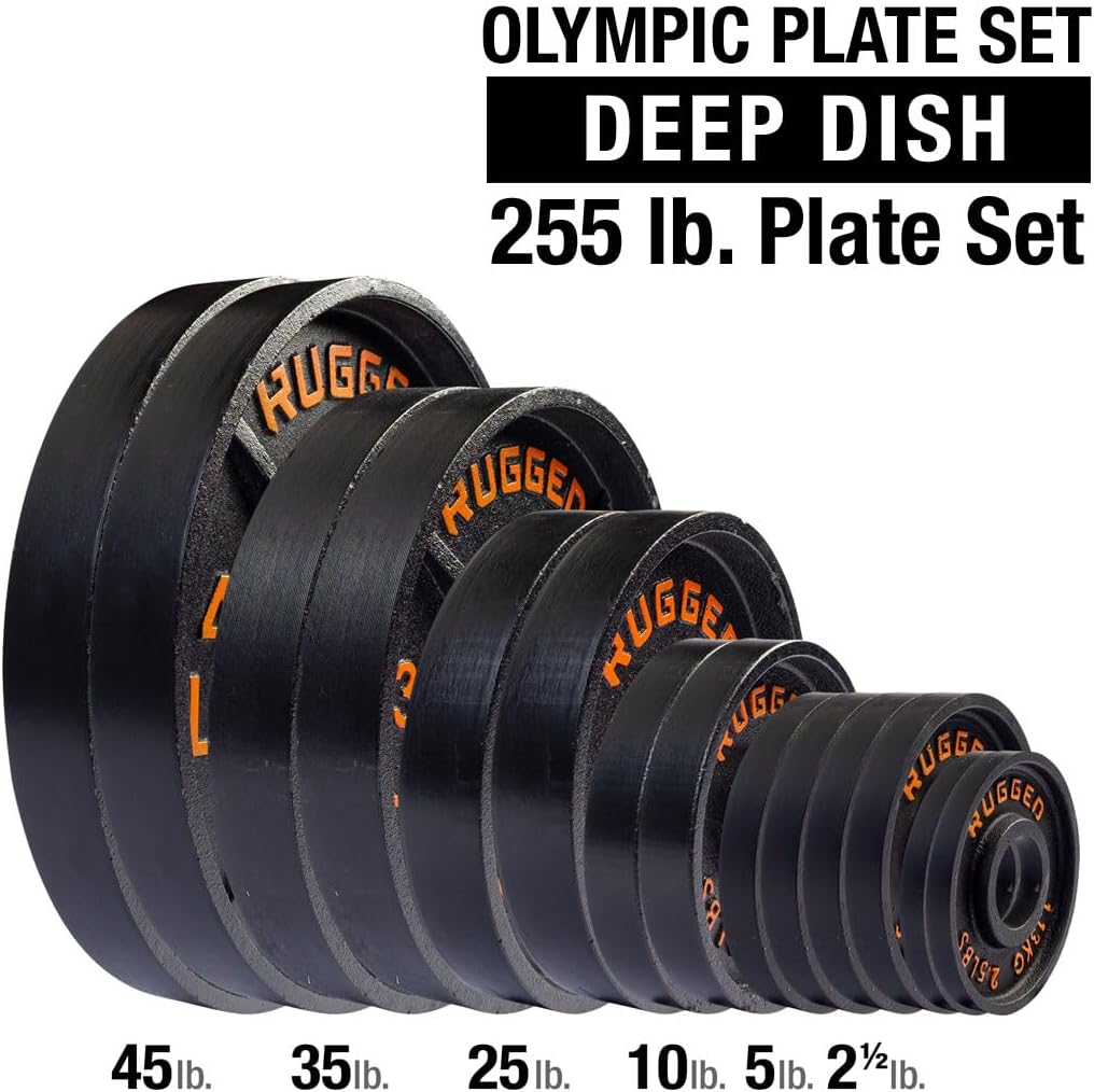 Rugged Strength & Fitness Heavy Duty Cast Iron 255 lbs. Olympic Weight Plate Set - Free Weights, Dumbbell Plates, 2 Inch Standard Hole for Barbell, Deep Dish Design, Black