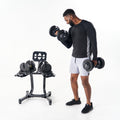 Echelon Strength Adjustable Dumbbells 7–52.5 lb with Stand Quick Select Metal Grip Dumbbells Set for Home Gym with Storage Rack and Tablet Holder