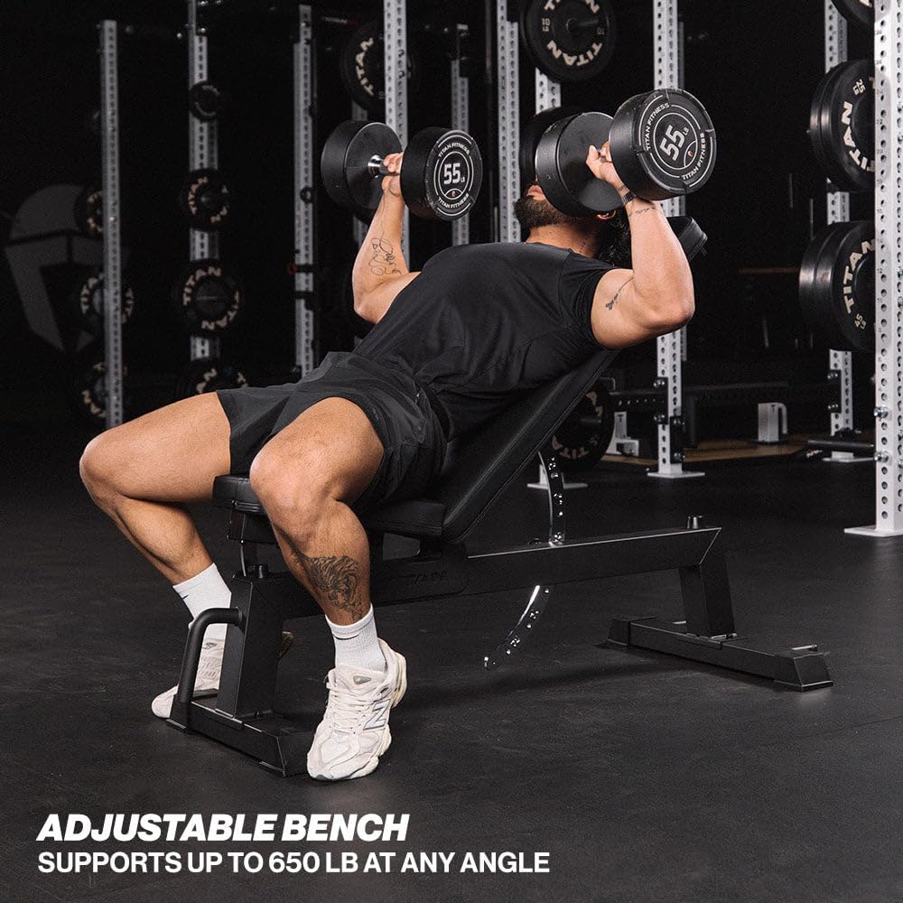 Titan Fitness Performance Series Adjustable Bench, Supports 650 LB Incline, Versatile Utility Bench for Home Gym Weightlifting, Strength Training, Flat, Incline, Upright Positions