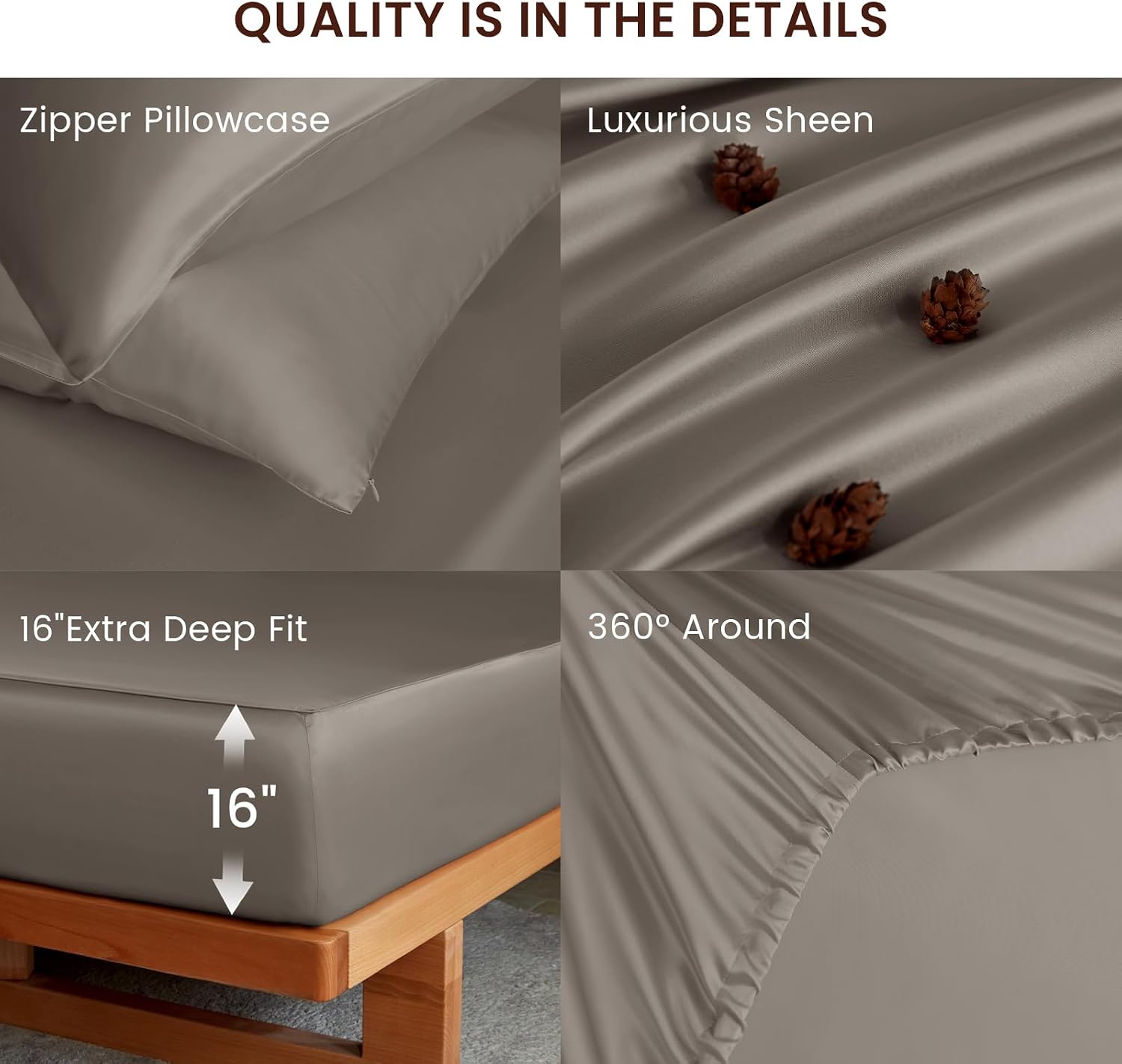 THXSILK Luxury Mulberry Silk Fitted Sheet Set 3 Pcs, King Silk Bed Sheet Set with 16' Deep Pockets, Soft & Cooling Sheets, 1 Fitted Sheet, 2 Pillowcases with Zipper Closure - Charcoal