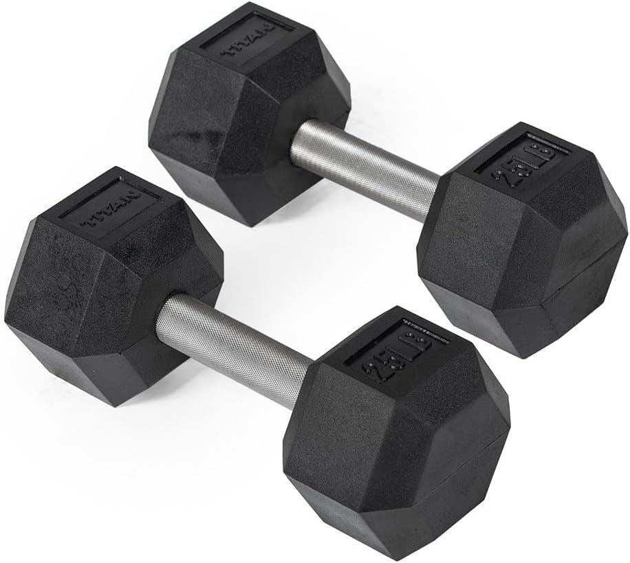 Titan Fitness 25 LB Pair Free Weights, Black Rubber Coated Hex Dumbbell, Straight Stainless Steel Handle, Strength Training, Full Body Workout