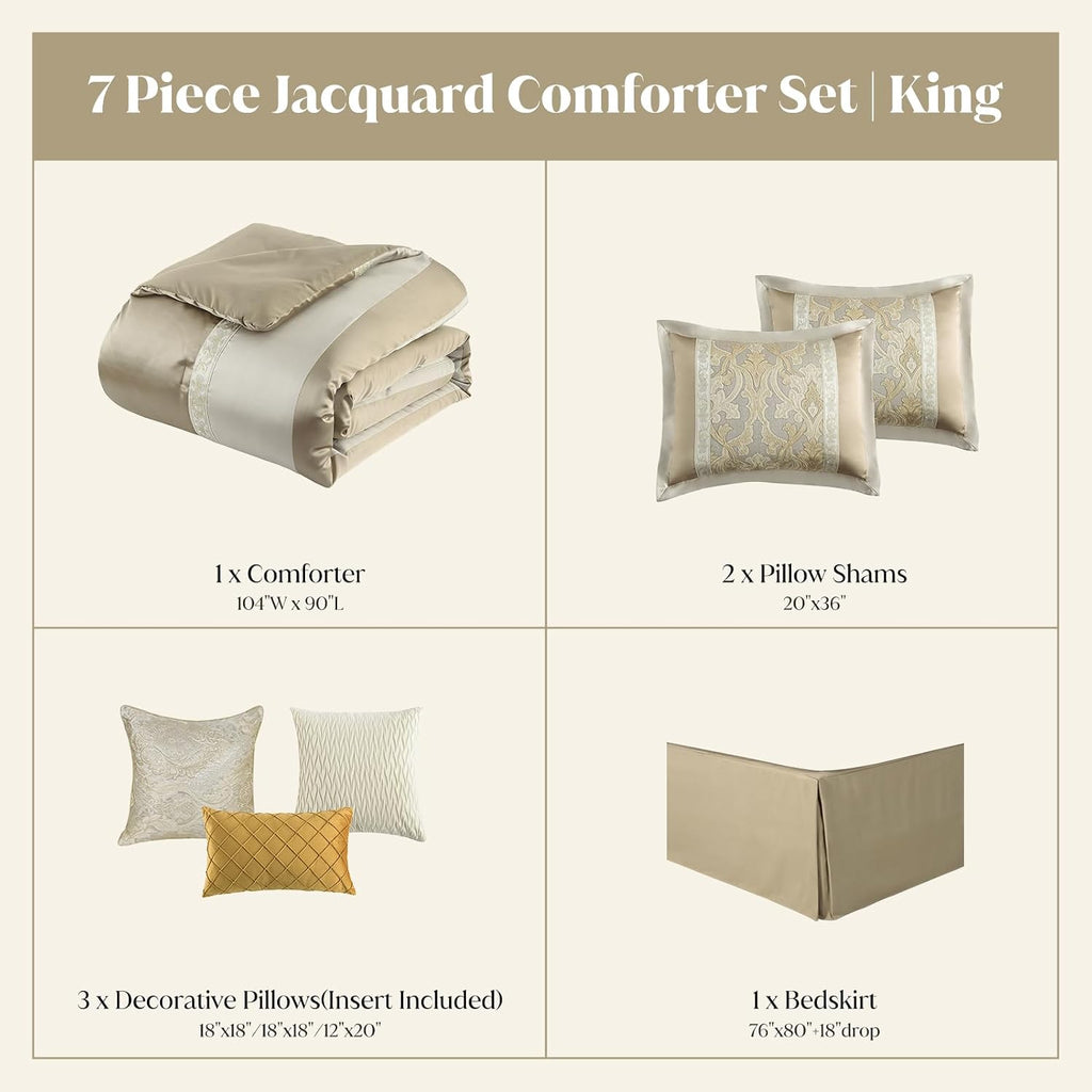 CozyDH Luxury Comforter Set King Size, Champagne Beige - 7 Piece Bed in a Bag Jacquard Vintage Floral Damask, All Season Down Alternative Bedding with Bed Skirt, Shams, Decorative Pillows, 104x90 in