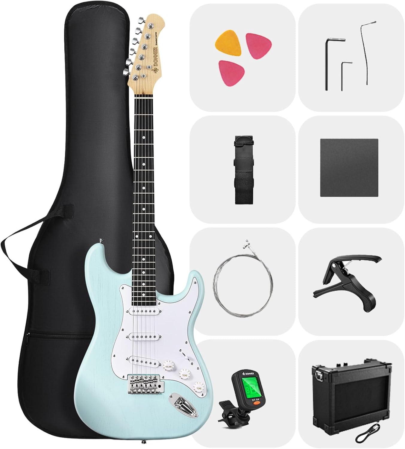 DONNER DST-80 Electric Guitar 39' Beginner Electric Guitar Kit with Amp, Classic SSS Pickup Complete with Gig Bag, Tuner, Capo, Strap, Picks, and Free Online Lessons