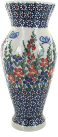 Blue Rose Polish Pottery - Red Garden Butterfly Tall Vase - 11' Tall - Ceramic Flower Vase, Decorative Floral Design for Table, Shelf or Mantel Décor