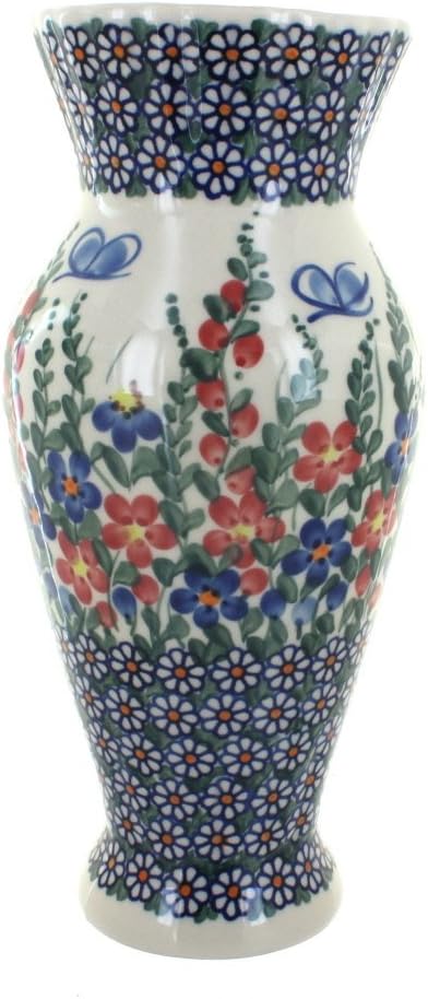 Blue Rose Polish Pottery - Red Garden Butterfly Tall Vase - 11' Tall - Ceramic Flower Vase, Decorative Floral Design for Table, Shelf or Mantel Décor