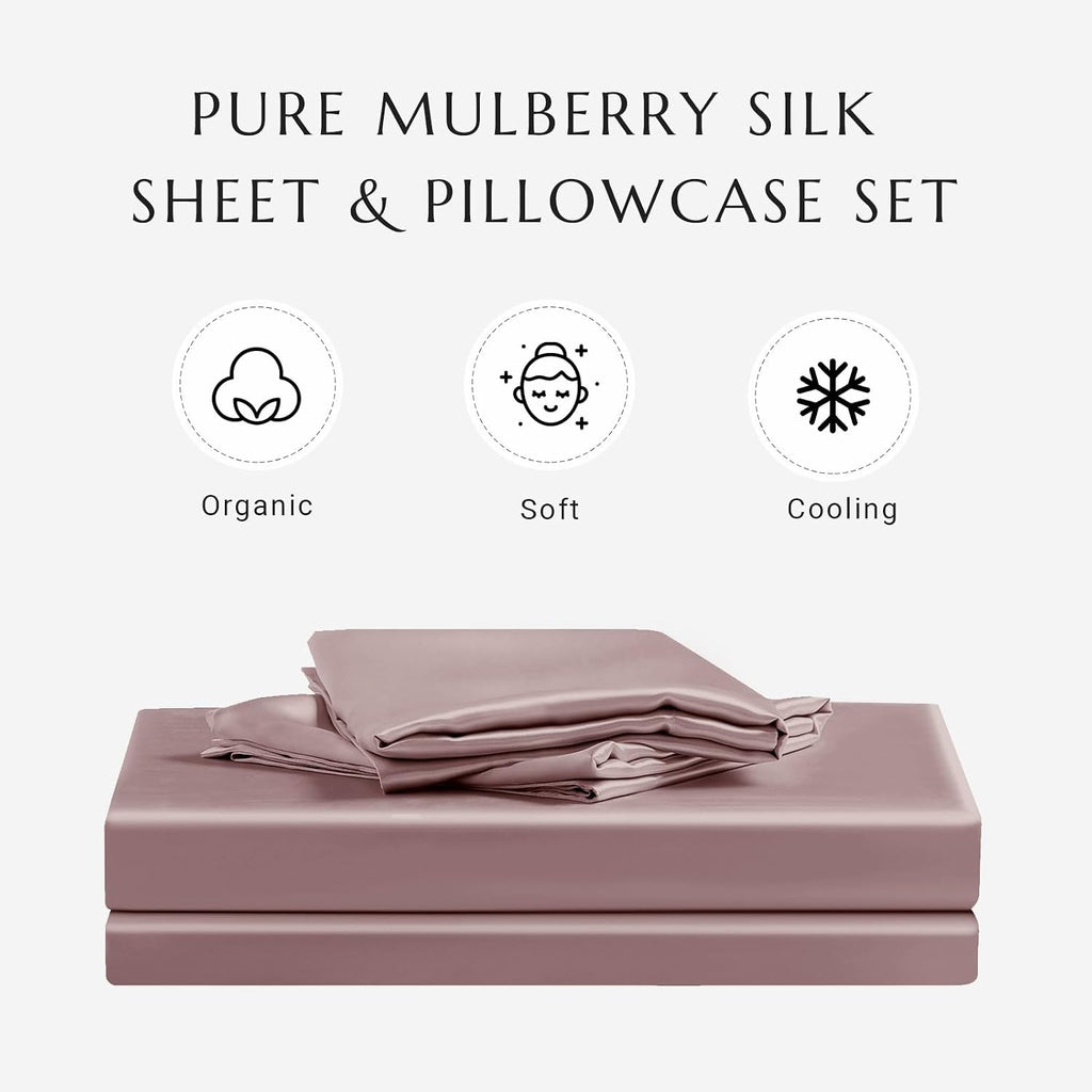 THXSILK 100% Silk Sheet Set, 7A+ Silk Sheet Set Soft Breathable, Luxury Bedding (1 Duvet Cover, 1 Fitted Sheet, 2 Pillow Shams), Queen, Purple
