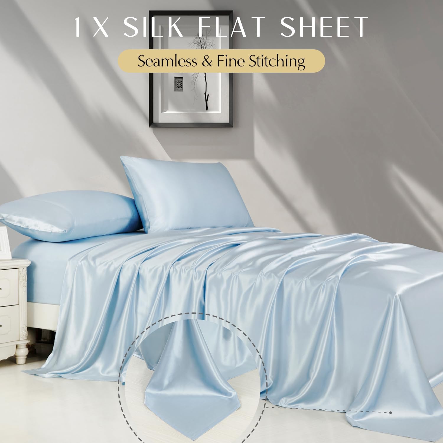 ZIMASILK 4 Pcs 100% Mulberry Silk Bed Sheet Set,All Side 19 Momme Silk (Queen, Light Blue)
