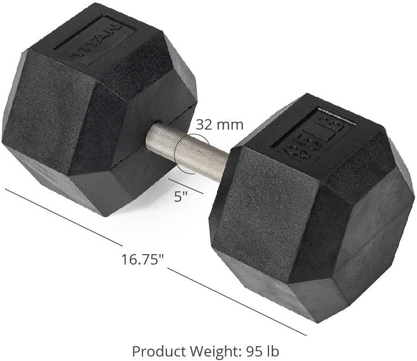 Titan Fitness Free Weights, Rubber Coated Hex Dumbbell, Straight Stainless Steel Handle, Strength Training, Full Body Workout