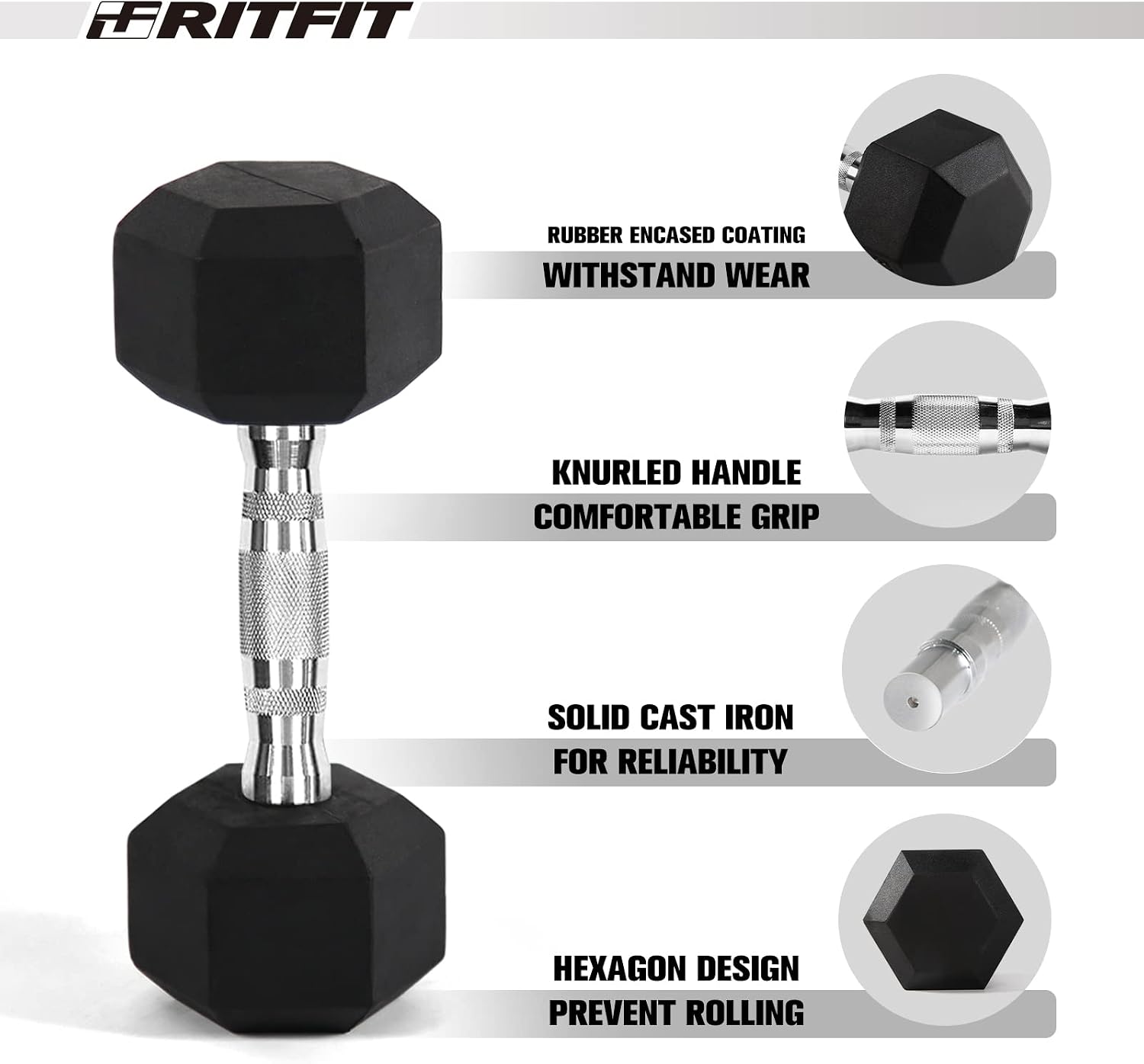 RITFIT Rubber Hex Dumbbells Set with Rack, 180-780LB Heavy-Duty Cast Iron Core, Knurled Chrome Handle, Space-Saving Storage Rack for Home Gym Strength Training
