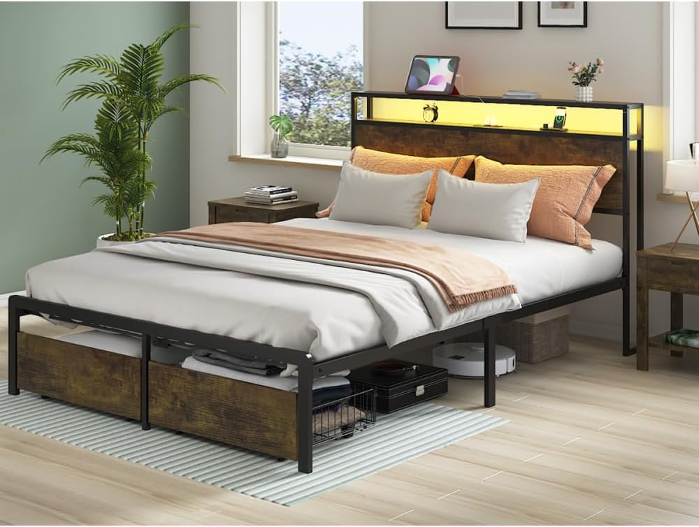 Queen Bed Frame with LED Lights and Charging Station - Robust Metal Wood Construction, Rustic Wood Platform Bed Frame with 2 Drawers, No Box Spring Needed, Noise Free, Vintage Brown, Easy Assemble