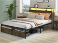 Queen Bed Frame with LED Lights and Charging Station - Robust Metal Wood Construction, Rustic Wood Platform Bed Frame with 2 Drawers, No Box Spring Needed, Noise Free, Vintage Brown, Easy Assemble