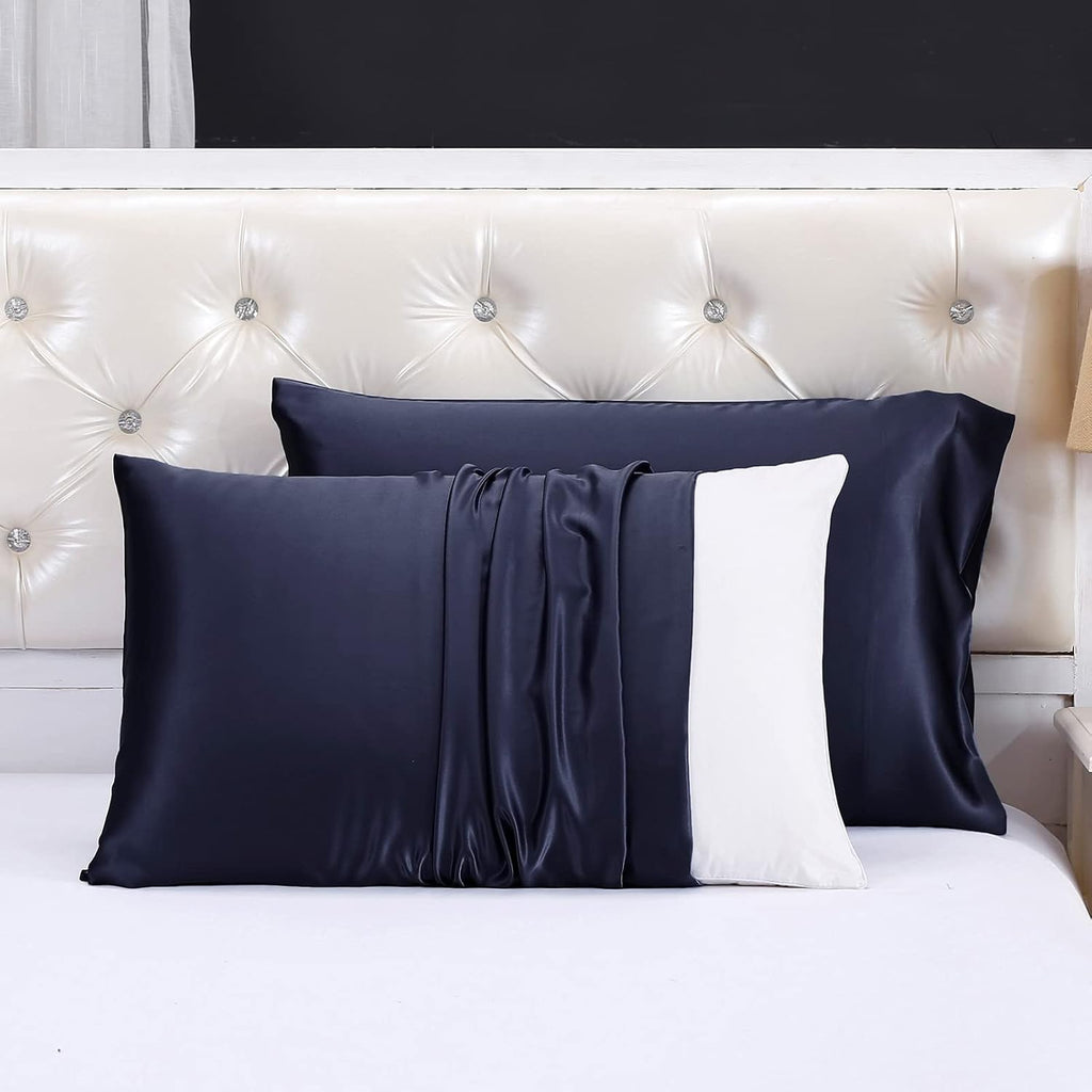 LilySilk 3PC Silk Fitted Sheets Set 100% Mulberry Silk 6A Grade, 2 Silk Pillowcases and 1 Silk Fitted Sheet, 16 Inch Deep Pocket, 19 Momme Silk Bed Sheets Navy Blue, King