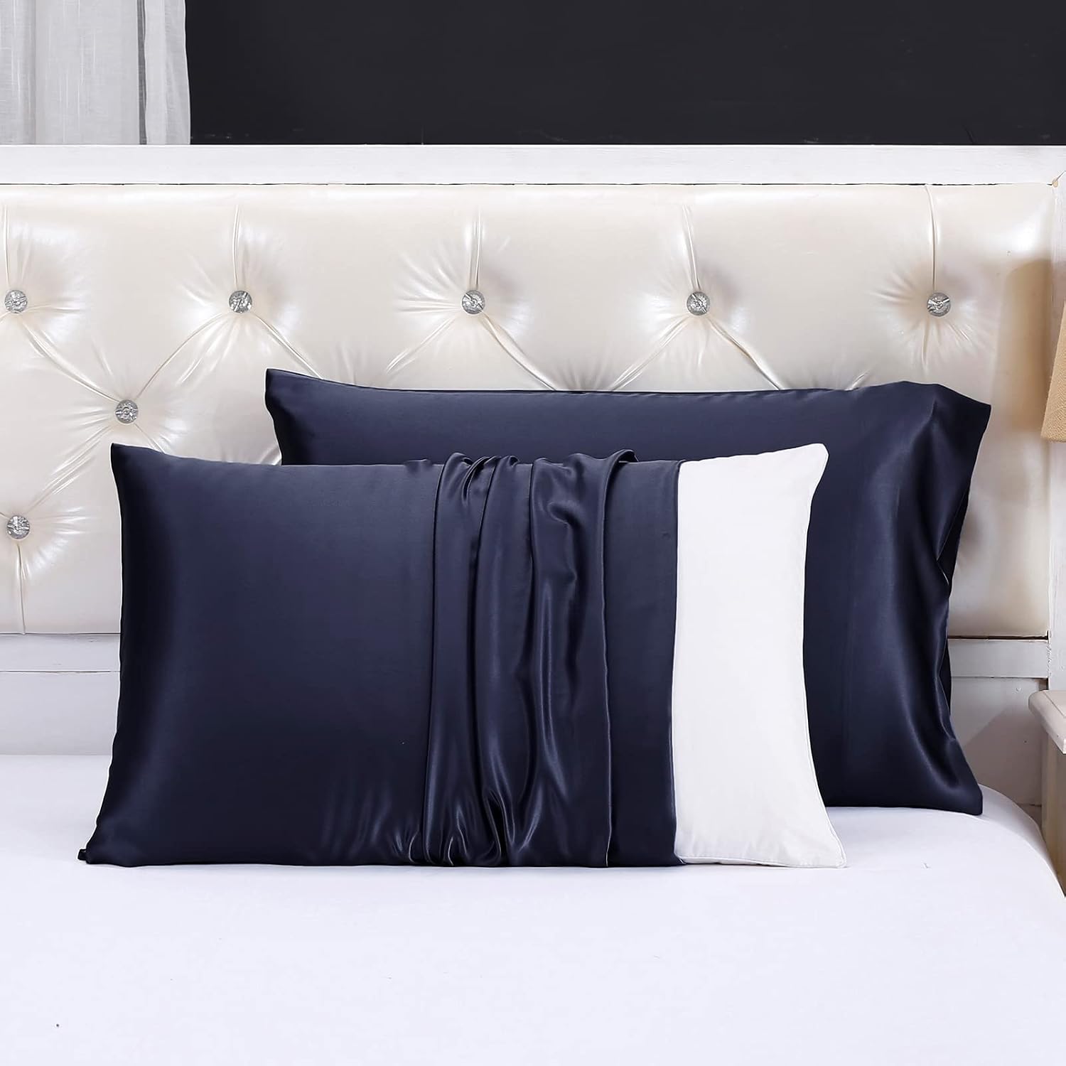 LilySilk 3PC Silk Fitted Sheets Set 100% Mulberry Silk 6A Grade, 2 Silk Pillowcases and 1 Silk Fitted Sheet, 16 Inch Deep Pocket, 19 Momme Silk Bed Sheets Navy Blue, King
