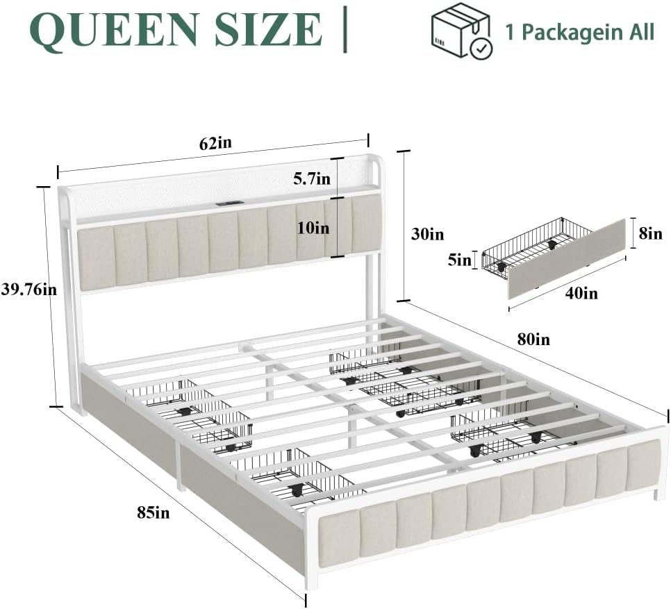 Queen Size Platform Bed with 4 Drawers, Metal Bed Frame with LED Lights and Charging Station, No Box Spring Needed, (Beige), Noise Free,Easy Assemble.