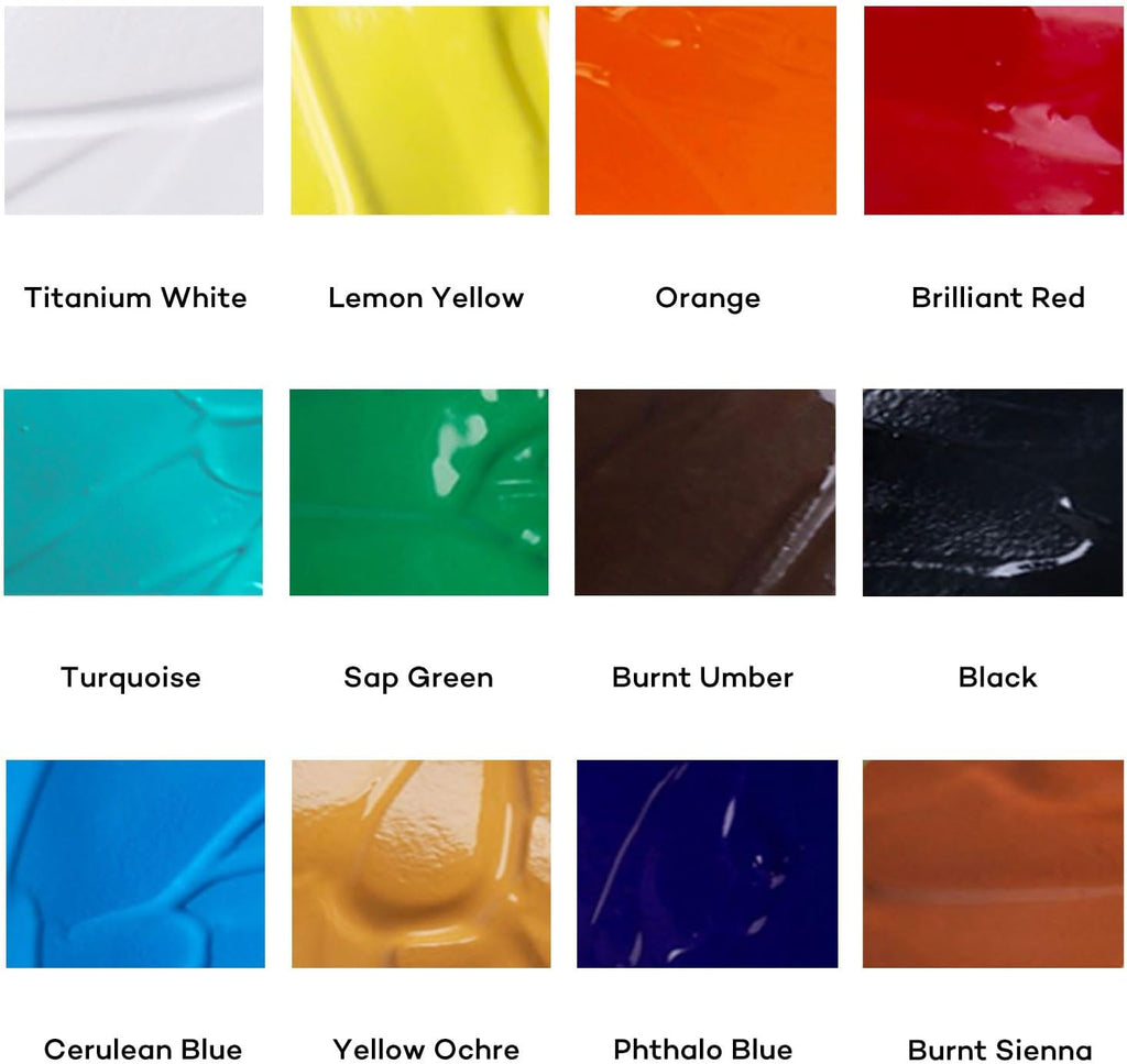 Mont Marte Signature Acrylic Color Paint Set, 33.8oz (1L), Semi-Matte Finish, 12 Colors, Suitable for Canvas, Wood, Fabric, Leather, Cardboard, Paper, MDF and Crafts
