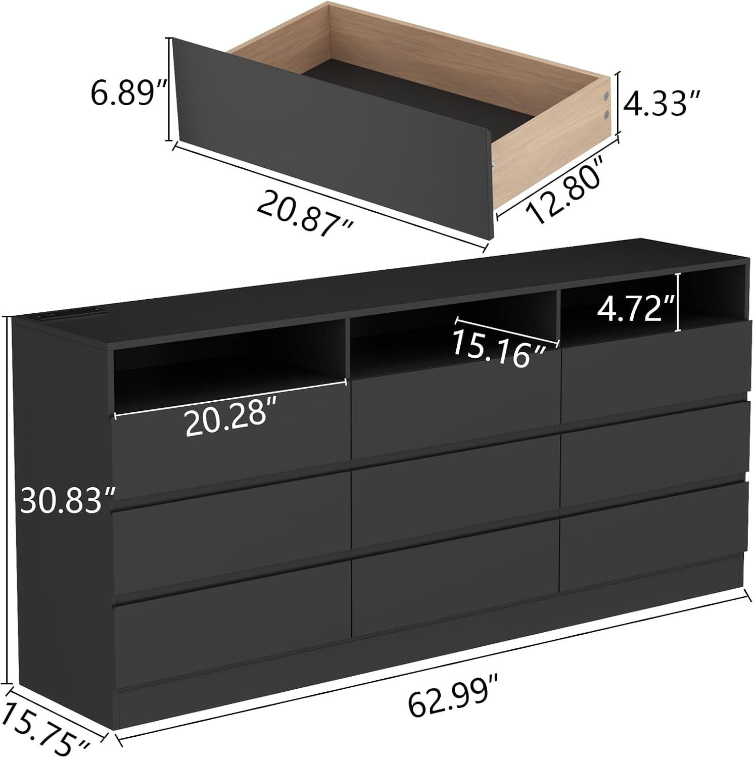 Auromie 9 Drawers Dresser, Double Modern Chest of Drawers with Power Outlet, Dresser TV Stand with Led Light Strip, Drawer Organizer for Bedroom, Living Room, Hallway (Dark Black, 9 Drawer)