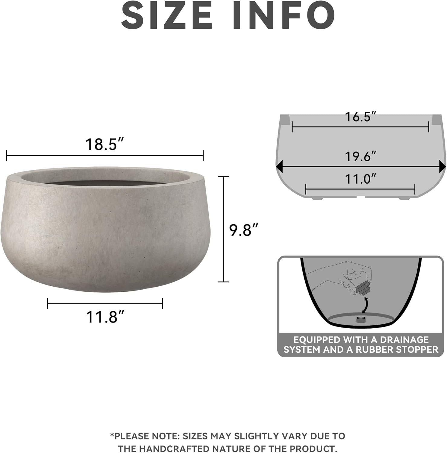Kante 19.6' Dia Round Concrete Planter, Cement Plant Pots with Drainage Hole and Rubber Plug for Outdoor Indoor Garden Home, Modern Curvaceous Design, Weathered Concrete