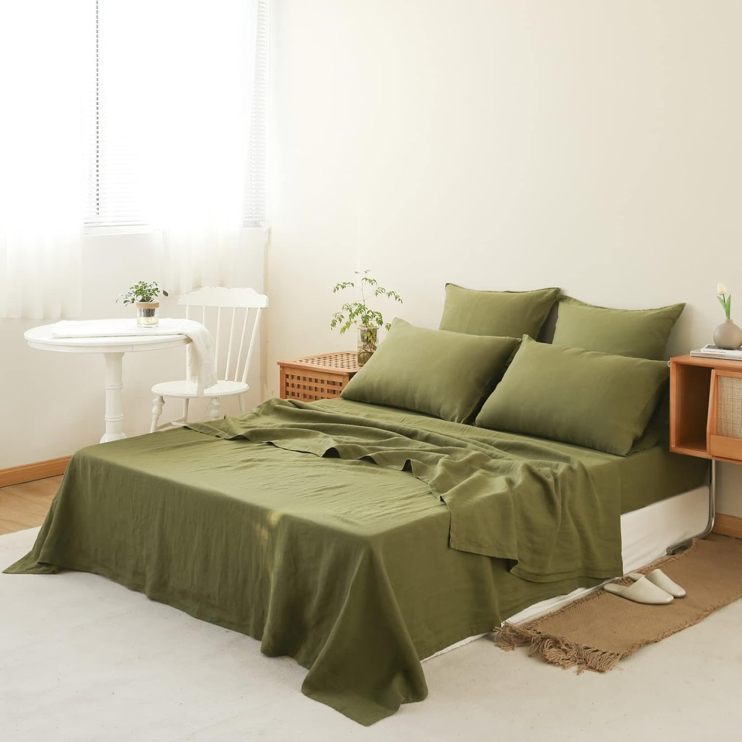 Simple&Opulence 100% Linen Sheet Set 4pcs Basic Style, Deep Pocket, Natural French Washed Flax Solid Color Soft Breathable Bed Sheets - Olive Green, King