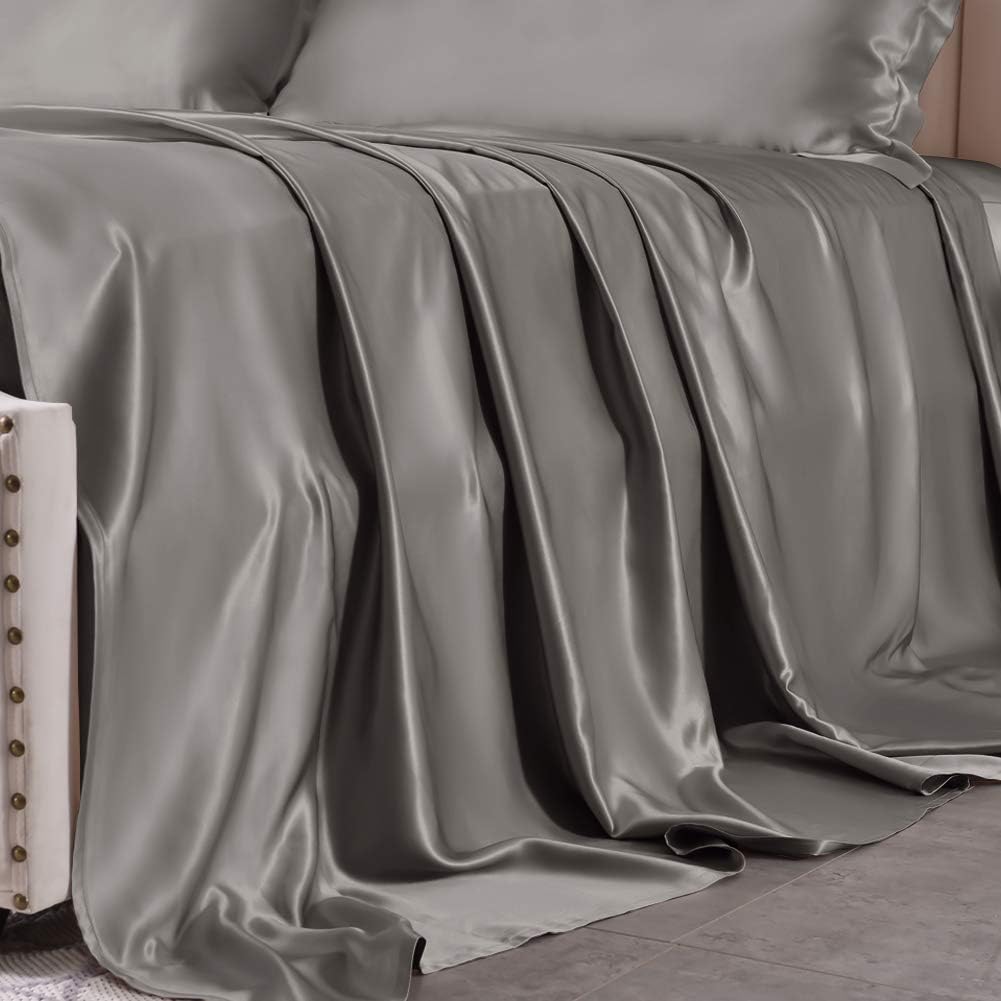 THXSILK 4pcs Silk Bed Sheets Set, 100% Long Stranded 25 Momme Mulberry Silk Bedding Set, Sheets and Pillowcase Set, Extremely Soft and Luxurious (Charcoal, Queen)