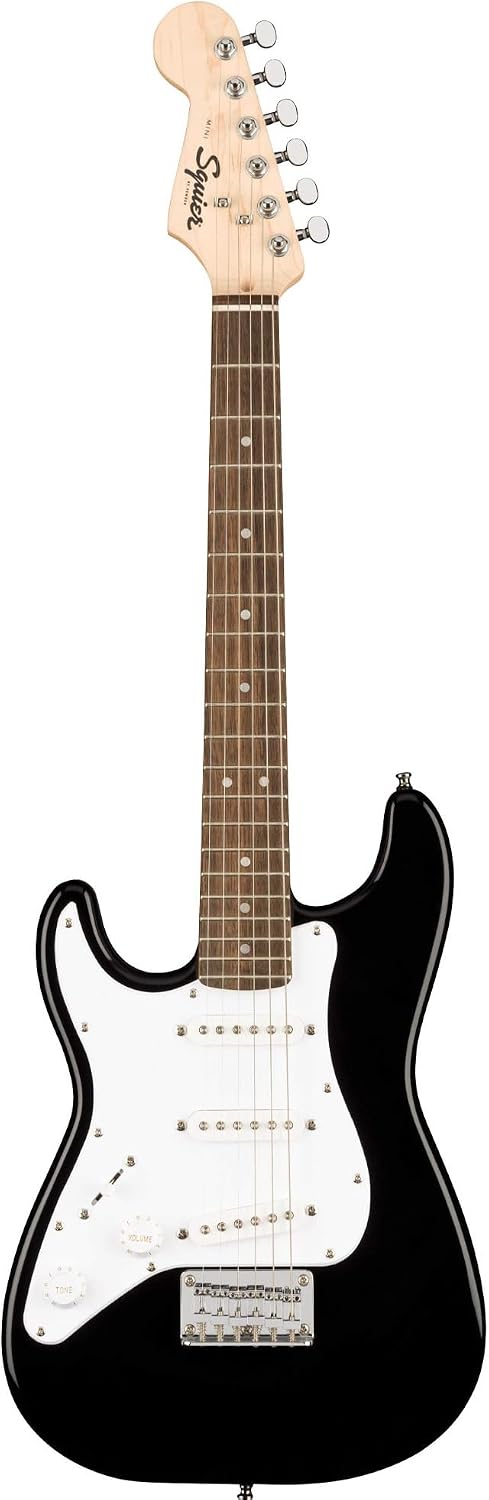 Fender Squier 3/4-Size Left-Handed Kids Mini Strat Electric Guitar - Black Bundle with Amplifier, Instrument Cable, Tuner, Strap, Picks, and Austin Bazaar Instructional DVD