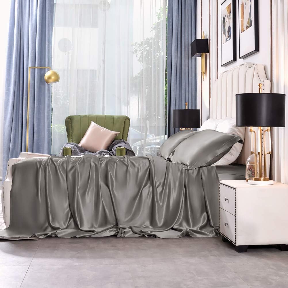 THXSILK 4pcs Silk Bed Sheets Set, 100% Long Stranded 25 Momme Mulberry Silk Bedding Set, Sheets and Pillowcase Set, Extremely Soft and Luxurious (Charcoal, California King)